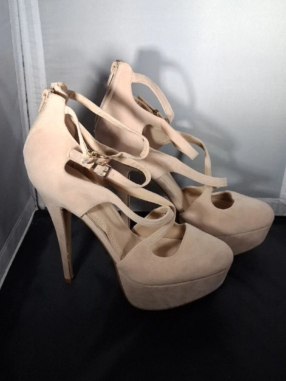 Anne Michelle Blush Nude Platform Crisscross Ankle-Strap Heels